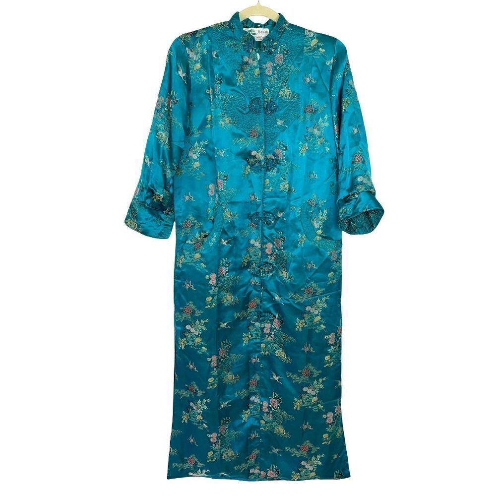 Asian Floral House Dress Womens Size Small S Vintage Bird Pattern Teal Blue